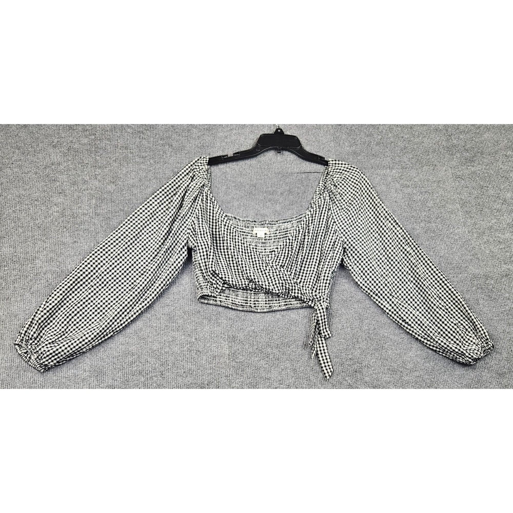 Aeropostale Gingham Wrap Crop Top Black White Long Sleeve Smocked L Cottagecore
